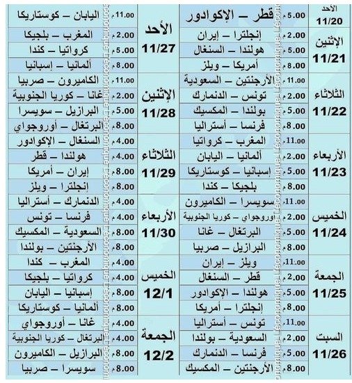 رزنامة كاس العالم 2022 بتوقيت تونس